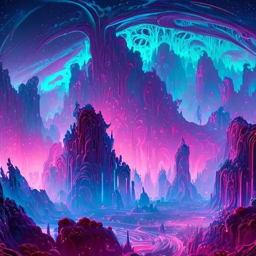 Prompt: Imagine an otherworldly cityscape set on a distant planet, where towering crystalline structures rise from vibrant, luminescent terrain. A cascading waterfall of liquid light flows through the heart of the city, while peculiar, bioluminescent flora and fauna inhabit the surroundings. In the sky above, multiple moons and a colorful nebula create a mesmerizing celestial display. Craft a stunning visual representation of this alien metropolis, showcasing its architectural marvels and the interplay of light and nature, capturing the sense of wonder and exploration that this exotic realm evokes