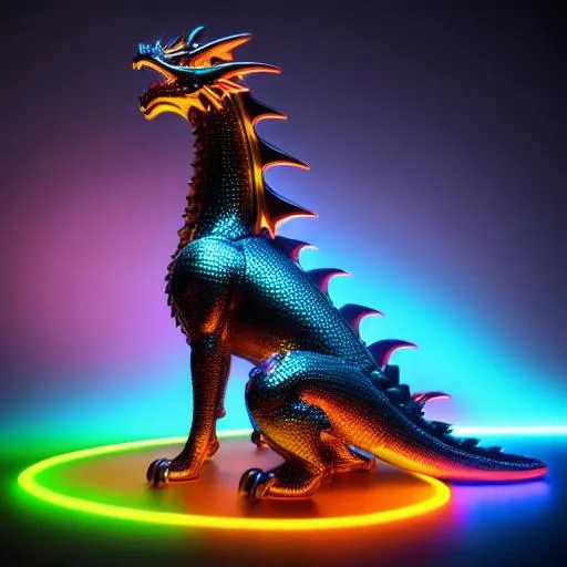 Prompt: Full body for a four-legged quadrupedal dragon statue, with bright neon highlights, very glossy and shiny, reflective, perfect composition, hyperrealistic, super detailed, 8k, high quality, trending art, trending on artstation, sharp focus, studio photo, intricate details, highly detailed, Trending on Artstation, Cozy wallpaper, Pastel colors, soft lighting