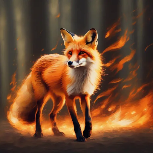 Prompt: a beautiful fox made of fire running through a forest in an impressionist style