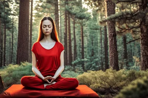 Prompt: woman in meditation, red long hair, forest, pine trees, sparkling water