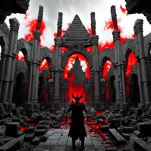 Prompt: Super detailed Lucifer's Ruins, Blood red sky, Devilish figure, demonic rituals, dark, evil, gray