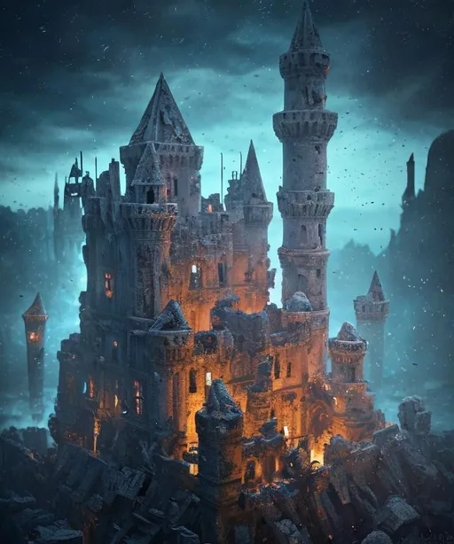 Prompt: a completely destroyed castle with debris floating in the air, night time, broken, destruction, foreboding ruins, ancient ruins, muted colors, Victorian, gothic, dark, Masterpiece,  photo quality,  cinematic light, ((depth of field)), fractal isometrics details bioluminescence, Luminous Studio graphics engine, trending on artstation Isometric Centered hyperrealist cover photo awesome full color, gritty, glowing shadows, high quality, high detail, high definition, dark fantasy