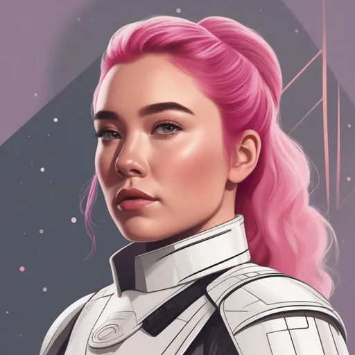 Prompt: illustration of a star wars character based on florence pugh, but with pink hair, and in white armor
