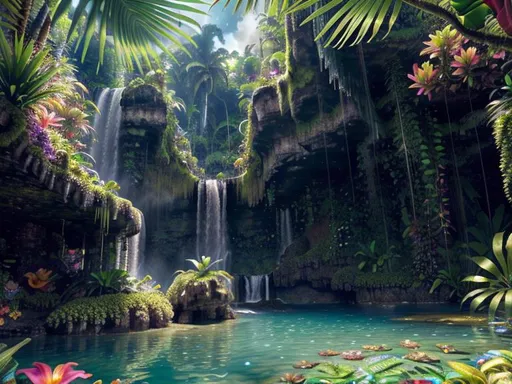 Prompt: wide-angle lens, 3D, HD, color gradient, dreamy, epic, stunning, scenic, highest quality, vivid, freeform dark chaos, "A hidden lagoon in a tropical paradise with tropical flowers", Expansive Magical Waterfall Tropical Forest Background, beautiful, Perfect viewpoint, Cinematic, Cinematic lighting, ethereal, ultrafine intricate details, extremely detailed, polarizing filter, everything in sharp focus, HDR, UHD, Unreal Engine 5, Hyperrealistic, 64K --s98500