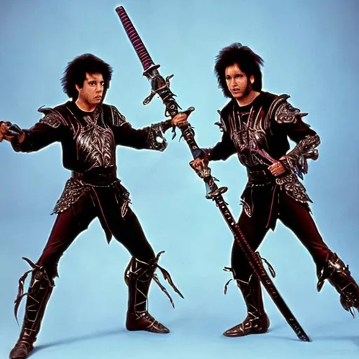 Prompt: The Godskin noble swords of twin darkness in 1980s action movie style