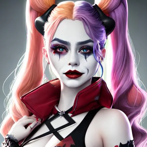 Prompt: (((masterpiece))), (((full body))), ((best quality)), hyper quality, ((HIGHEST RESOLUTION)), refined rendering, extremely detailed CG unity 8k wallpaper, highly detailed, (super fine illustration), highres, (ultra-detailed), detailed face, perfect face, (((DC COMIC BEAUTIFUL HARLEY QUINN AND THE JOKER))), stunning art, best aesthetic, twitter artist, amazing, high resolution, fine fabric emphasis, UHD, 