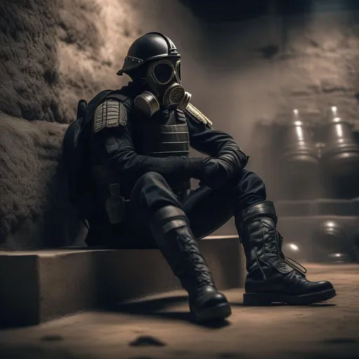 Prompt: A depression modern roman military male in black military roman armor, and gas mask, sitting in floor, background bunker, Hyperrealistic, sharp focus, Professional, UHD, HDR, 8K, Render, electronic, dramatic, vivid, pressure, stress, traumatic, dark.