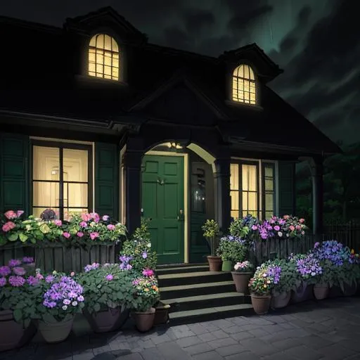 Prompt: night-time, garden, multicolored flowers, flower pots, pots, planter boxes, entryway, dark sky, dark clouds, very soft █►green◄█ theme, dark shadows, dark walls, dim lights, (some cyan small things:0.8), ♦♦ doorstep, letterbox, front porch, porch, foyer, stool, garden bench, butterflies, bees, flowers, watering can, garden tools, hair flower, hair ribbon, pail, ■■ {{{{best quality, 8k resolution photography, artistic photography, photorealistic, masterpiece}}}}, 