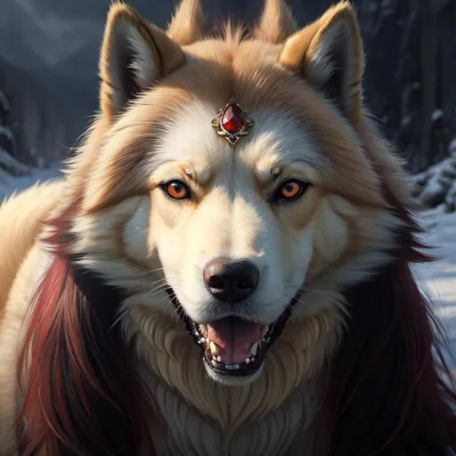 Prompt: 8k, 3D, UHD, masterpiece, oil painting, best quality, artstation, hyper realistic, photograph, perfect composition, zoomed out view of character, 8k eyes, Portrait of a (beautiful Ninetales), {canine quadruped}, thick glistening gold fur, deep sinister (crimson eyes), ageless, lives a thousand years, epic anime portrait, vindictive, angry, vengeful, wearing a beautiful (silky scarlet and gold scarf), thick white mane with fluffy golden crest, golden magic fur lighlights, studio lighting, animated, sharp focus, intricately detailed fur, graceful, regal, cinematic, magnificent, sharp detailed eyes, beautifully detailed face, highly detailed starry sky with pastel pink clouds, ambient golden light, perfect proportions, nine beautiful tails with pale orange tips, insanely beautiful, highly detailed mouth, symmetric, sharp focus, golden ratio, complementary colors, perfect composition, professional, unreal engine, high octane render, highly detailed mouth, Yuino Chiri, Anne Stokes