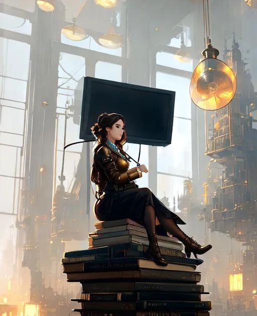 Prompt: 1girl,Professional painting of a cute steampunk girl in bronze dress sitting on pile of books, golden television to another world, by Jeremy Mann, Rutkowski, and other Artstation illustrators, intricate details, face, full body portrait, illustration, UHD, 4K