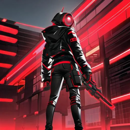 Prompt: Male character, black but red neon gas mask, cyber netrunner hood (black but neon red), neon red Sword In its Back, Red Mecha Cyber Jacket, black jeans, red shoes