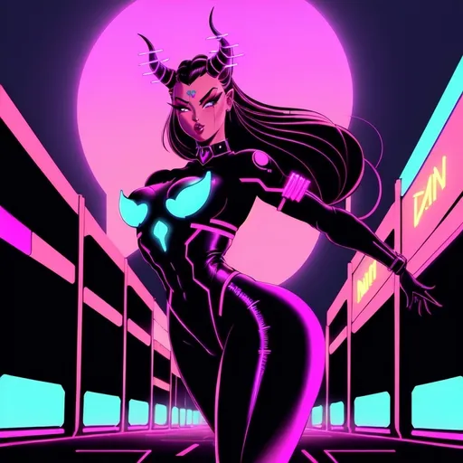 Prompt: a beautiful female demon in a dynamic pose in a retro futuristic synthwave cyberpunk neon paradise.  neon lighting, high quality, beautiful, synthwave, cyber, retro, futuristic