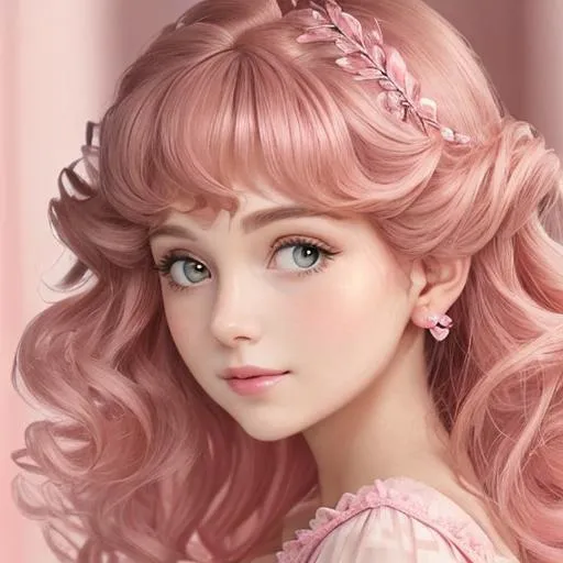 Prompt:  princess wearing pink, curled hair at sides of face, facial closeup