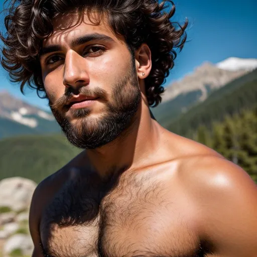 Prompt: close up photo of very handsome, 20 year old Roma man looking at the camera, with a trimmed full beard, very hairy chest, mountain top vista, centered in frame, 85mm lens, f8, photography, intricate details, very detailed eyes, correct perspective, natural light