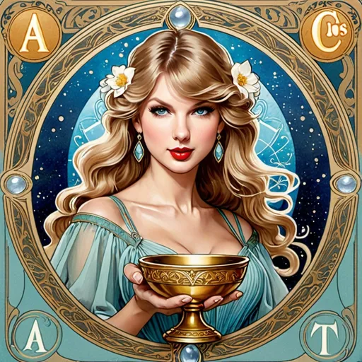 Prompt: Taylor Swift as Ace of Cups Rider-Waite Tarot card by Alphonse Mucha