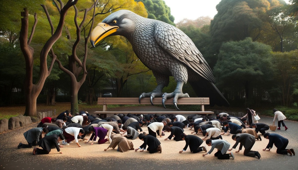 Prompt: Photo of a colossal bird perched on a wooden park bench, surrounded by diverse men and women crawling on the ground, eagerly collecting scattered seeds.