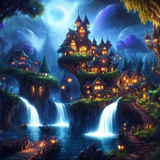 Prompt: High quality, high resolution Extremely beautiful magical forest village with night esthetic