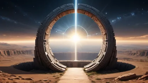 Prompt: circular stargate, gateway between worlds, ring, ring standing on edge, panoramic view