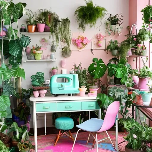 Prompt: eclectic bright retro pastel fashion studio with lots of potted plants and a sewing machine, boucle chair and a tailors mannequin