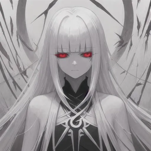 Prompt: NEVS, White_Hair Bangs, Revenge Red Eyes, Crows of Horror, The One Higher than God, Danger to the Holy Throne, Calm