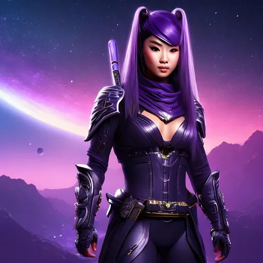 Prompt: create photograph of beautiful female ninja who is wearing bright purpple futuristic ninja robes,  night time and beautiful sky  space and planets an nebulae in sky highly detailed, detailed face, extremely detailed environment, extremely detailed background, extremely detailed skin, extremely detailed clothing, natural colors , professionally color graded, photorealism, 8k, realistic, moody lighting, galactic environment, volumetric lighting