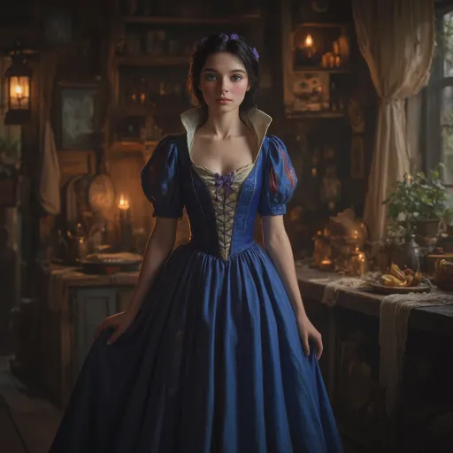 Prompt:  A full-length portrait of Snow White standing inside the kitchen of the Dwarves' forest cottage, styled with the delicate, hyper-realistic painterly look of a Renaissance-inspired fairytale painting. She has striking, wide cerulean blue eyes, a porcelain complexion that practically glows, highlighting her rosy cheeks, and dark hair tied back with soft purple ribbons. Her expression is gentle and curious, with a touch of innocence and resolve. Her dress is a modern fairytale reinterpretation: flowing, rustic yet elegant, in deep indigo and muted gold tones with subtle embroidery. The scene is set at twilight in a lush, enchanted forest cottage, with the warm glow of lantern light filling the cozy wooden cottage.  Style is hyper-detailed, cinematic, with soft lighting and magical realism. --v 5 --style painterly --lighting soft twilight --mood enchanted --focus full-body --environment forest cottage --texture realistic fabric and hair