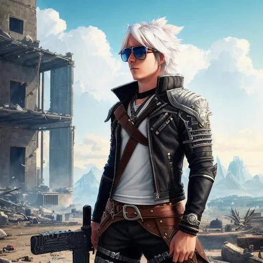 Prompt: full height portrait of Ragnarok Mobile gunslinger class with white anime hair, wearing shades and smoking cigarette posing on a post apocalyptic ruins background perfect composition, hyperrealistic, super detailed, 8k, high quality, trending art, trending on artstation, sharp focus, intricate details, highly detailed by Emerson Tung
