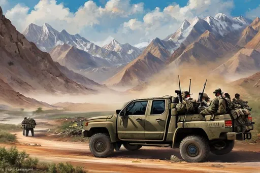 Prompt: A painting of Afghanistan mountains and a convoy of 50 cal machine guns on top of armored Toyota hiluxs pickup with 50 cal machine guns mounted on the bed of the truck on the war path to a mud compound 