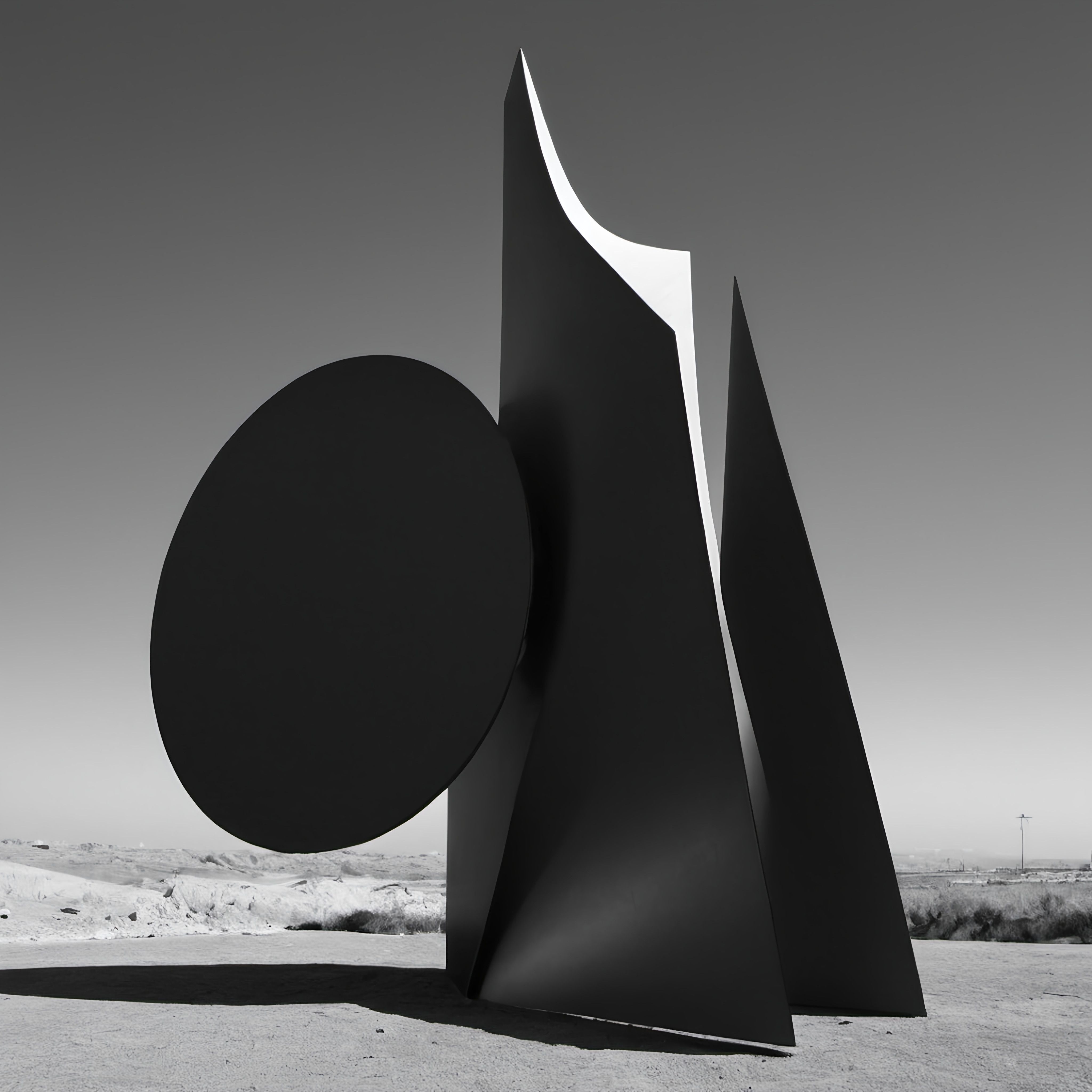 Prompt: a black and white photo of a sculpture in the desert with a sky background and a few clouds in the distance, new sculpture, promotional image