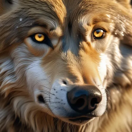 Prompt: highly detailed golden wolf into nature, highly detailed eyes, highly detailed fur, high resolution scan, 64k, UHD, HDR, hyper realistic, Canon EOS R5, Canon EF 200mm f/5.0 ii, wildlife context, cinematic lighting, crystal clear photograph, absolutely real, close shot, close up, extreme close up, soft lighting
