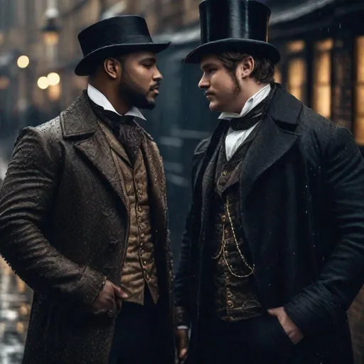 Prompt: Diverse handsome chubby male couple, holding hands, happy, sensual ragged Victorian clothes, dynamic lighting, distressed Old London background, heavy rain, ultra realistic, old photo filter, side diagonal view, far zoom out view

