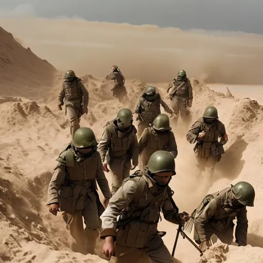 Prompt: trench warfare, recon scouts, scifi, army, rangers, ponchos, sand storm, mountain, desert, lightning, lava
