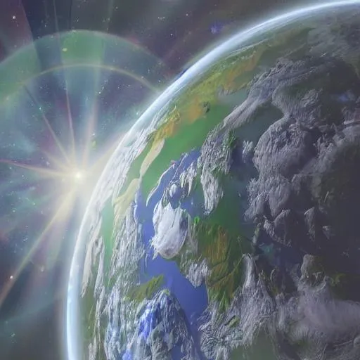 Prompt: {large green and blue planet}, zoomed out, {red sun} behind peaking out, lens-flare shaded, space-cosmic background, {high contrast}, realistic