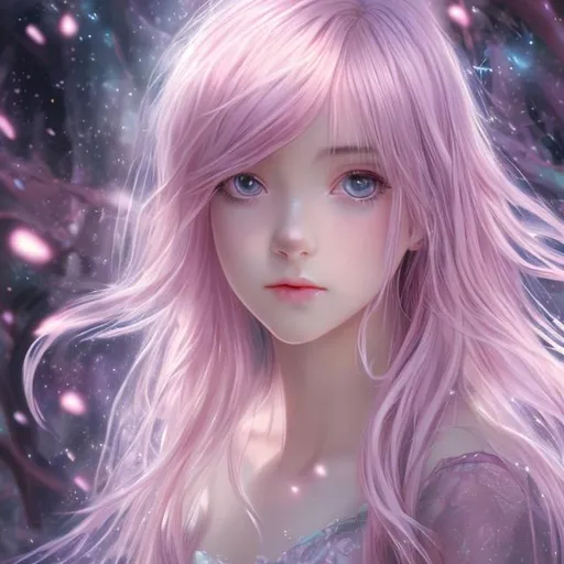 Prompt: anime portrait of a young female adult, anime eyes, beautiful, intricate, flowing, light pink hair, shimmer in the air, digital art, looking into camera shyly