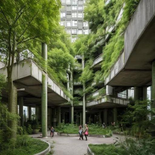 Prompt: people in dystopian biophilic green places like eco brutalist buildings surrounded by trees and plants 