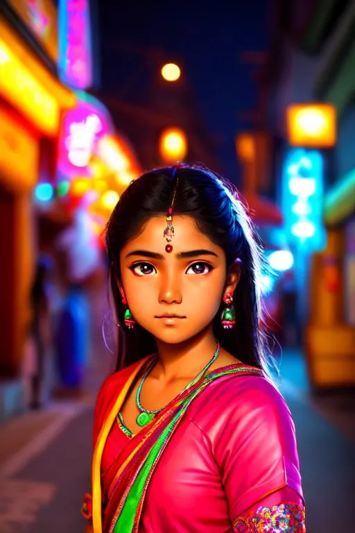 Prompt: Studio Ghibli anime style, vivid colors, HDR, photo of an Indian  12 year old woman posing, detailed face, detailed skin, on the Street, night, neon light, dark, cinematic, depth of field, low iso