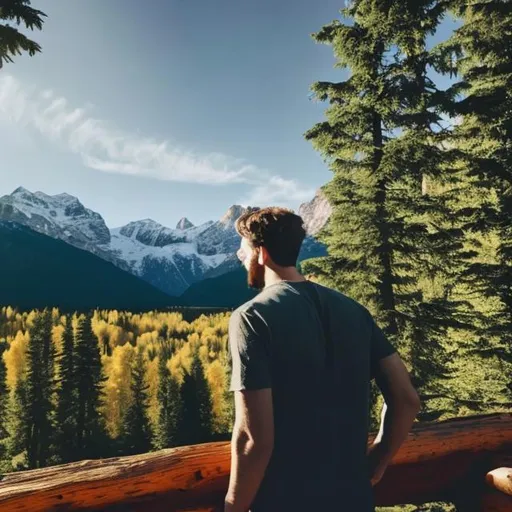 Prompt: 25 year old man with beard looking at mountains standing on hill and a cabin in the valley