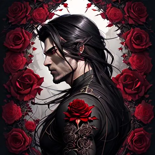 Prompt: Artgerm, WLOP, Greg Rutkowski; Beautiful male rogue, long black hair, Intricately Designed beautiful face, Intricately Designed dark red roses across torso, connected by rose vines, Photograph Taken on Nikon D750, Intricate, sinister, Elegant, Digital Illustration, Scenic, Hyper-Realistic, Hyper-Detailed, 8k, rogue