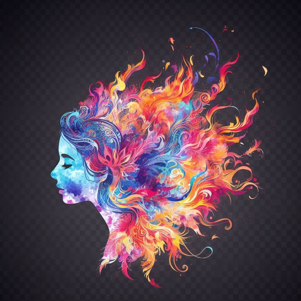 Prompt: vector transparent girl made of colorful smoke and fire