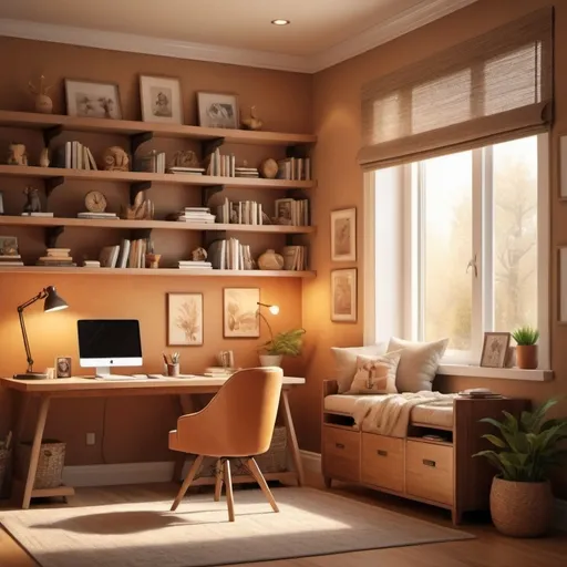 Prompt: young joyful boy, cozy home office environment, (warm colors), tranquil and serene atmosphere, inviting furniture, artistic decor elements, soft lighting, (high resolution) 2000x1000 pixels panoramic view, harmonious composition, serene color palette, natural light streaming through the window, detailed textures, ultra-detailed craftsmanship.