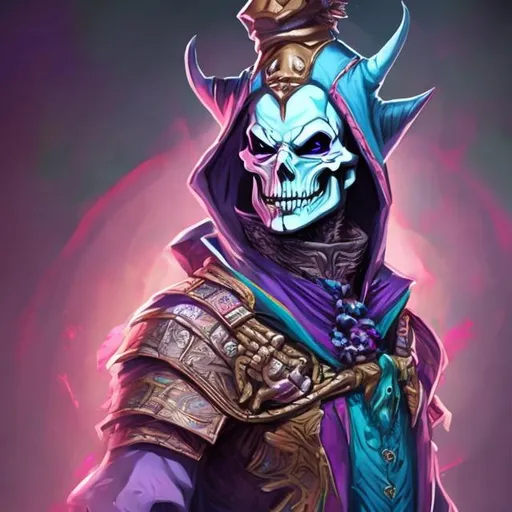 Prompt: DND character portrait male skeleton jester with vibrant looking clothing