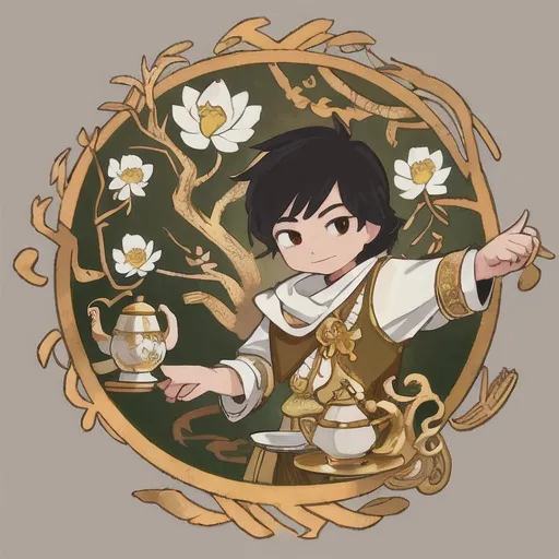 Prompt: God of tea, gold accents, portrait, detailed, branches, teapot, floral