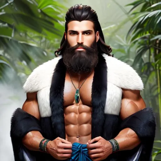 Prompt: A tall and muscular tan man wearing ancient tribal fur robes. short black hair, long bushy beard, blue eyes. in a misty rainforest