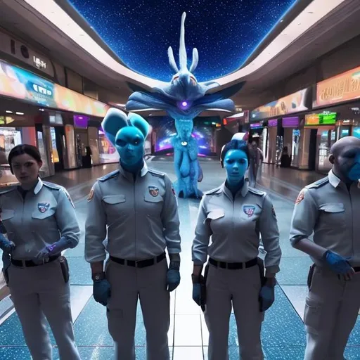 Prompt: Cockatoo security guards in a busy alien mall, widescreen, infinity vanishing point, galaxy background, surprise easter egg