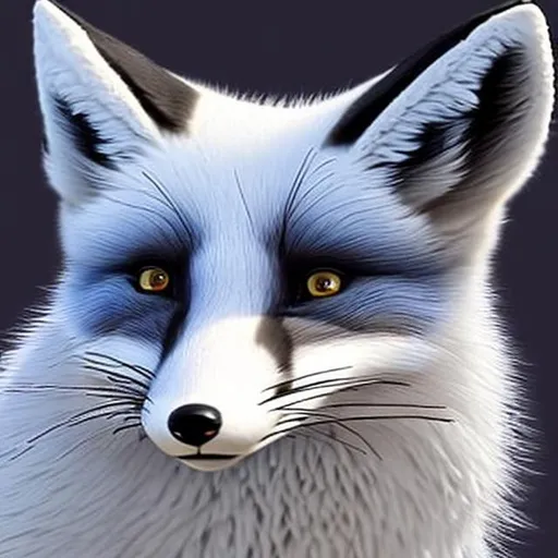 Prompt: e.g. black and white fox with blue eyes black torso and white nose