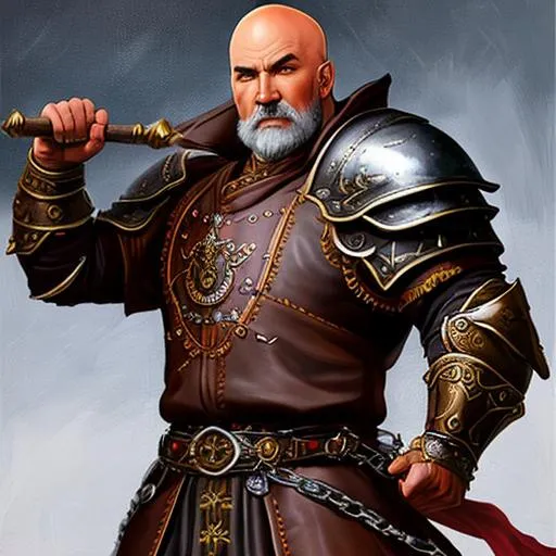 Prompt: Diablo monk, leather armor, gray skin, bald, strong man, fantasy, full body, combat pose, oil painting
