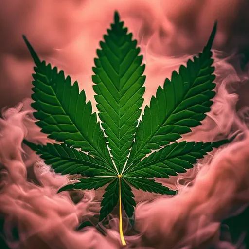 Prompt: A captivating image of a cannabis leaf surrounded by a haze of smoke.