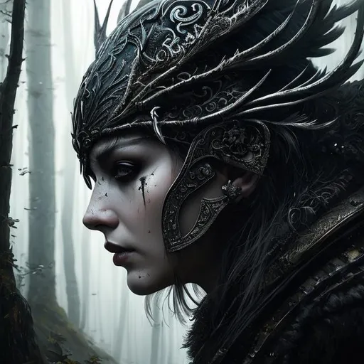 Prompt: Portrait of a demonic priestess with silver hair, a scarred face and black eyes, wearing a helmet made of animal bones. Dark woods, realistic detailed digital painting, intricate details, highly detailed, by greg rutkowski.