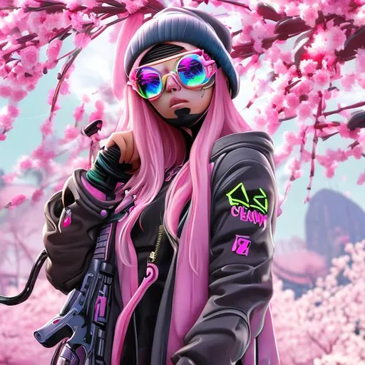 Prompt: Women with long flowing hair wearing a beanie with futuristic glasses and mask wearing a neon pink coat holding a pink rifle high detail next to a Cherry blossom tree in a large field