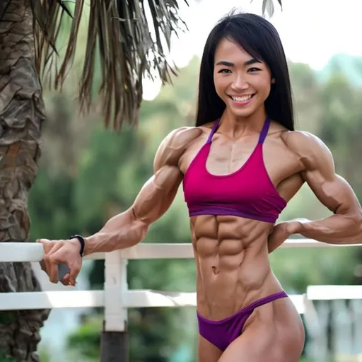 Prompt: strong Asian female with 6 pack abs in bikini
